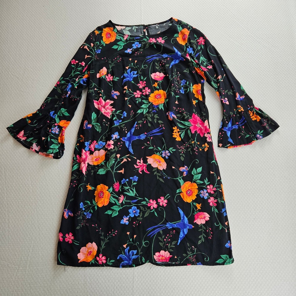 Black Floral Bird Novelty Print AOP Bell Sleeve Shift Dress Small Whimsical